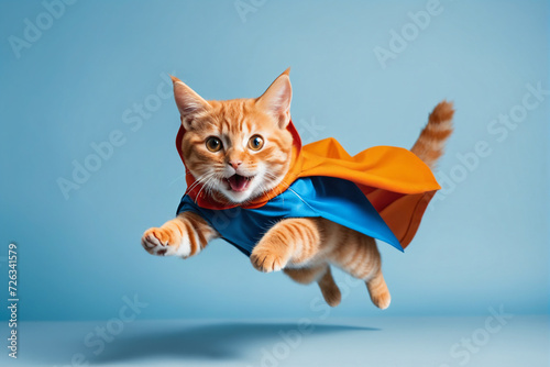 Superhero cat, cute orange tabby kitty with a blue cloak and mask jumping and flying on light blue background