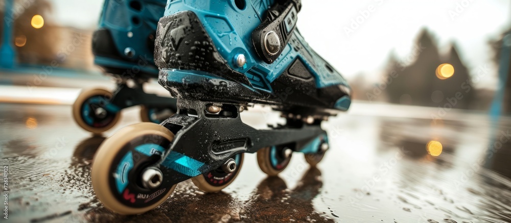 Fototapeta premium Photo of roller adjusting buckle on inline roller skates taken up close