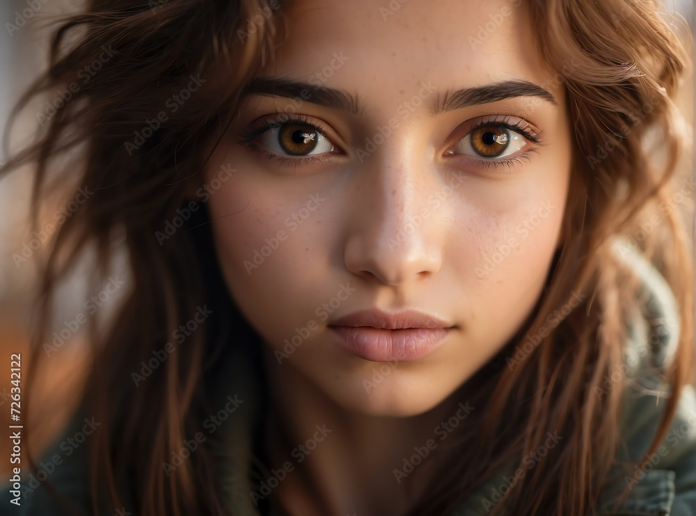 Closeup detailed of staring brown eyes of young woman from Generative AI Closeup detailed of staring brown eyes of young woman from Generative AI