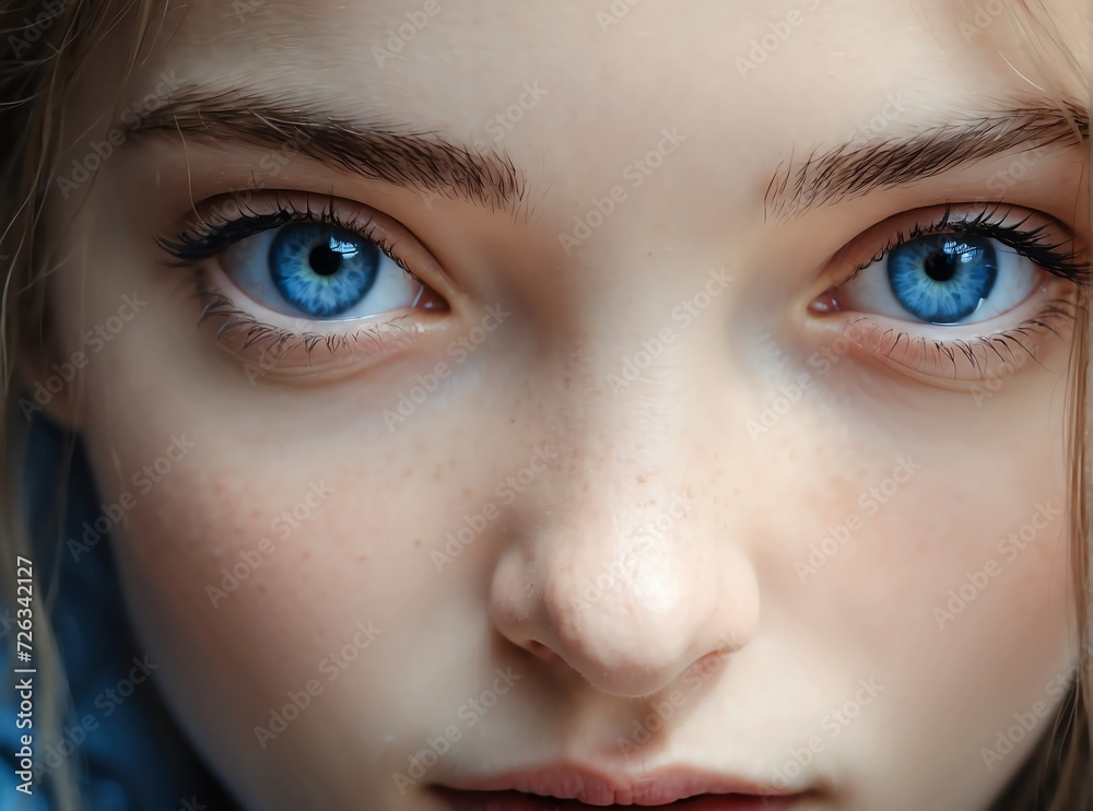Obraz premium Closeup detailed of staring blue eyes of young woman from Generative AI
