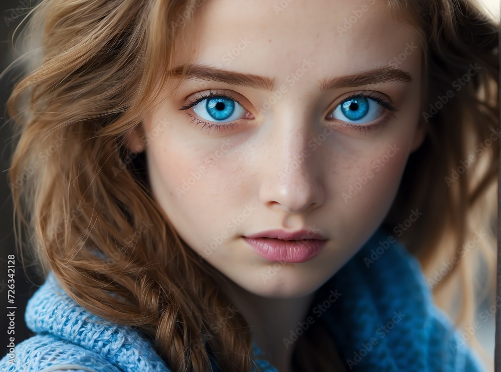 Closeup detailed of staring blue eyes of young woman from Generative AI Closeup detailed of staring blue eyes of young woman from Generative AI