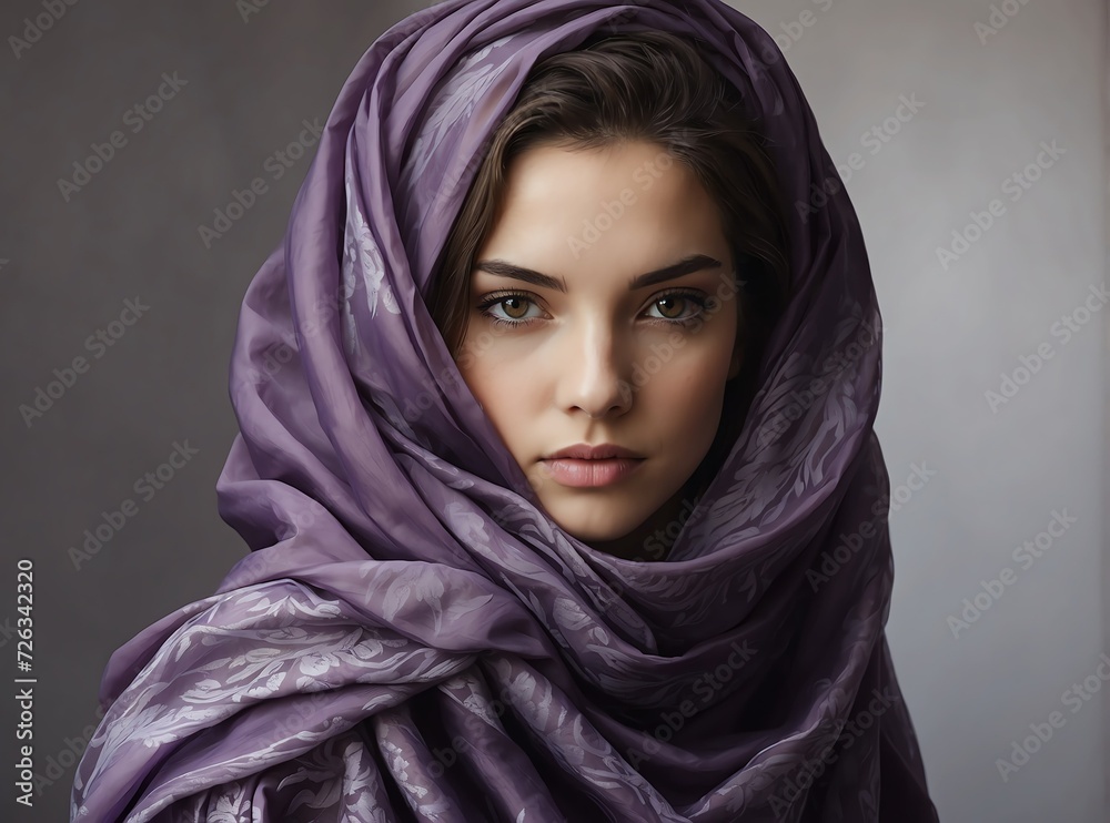 Young woman with face covered by purple shawl from Generative AI Young woman with face covered by purple shawl from Generative AI