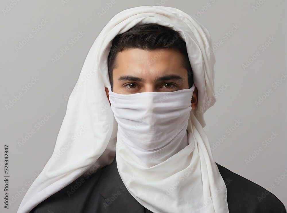 Young man with face covered by white shawl from Generative AI Young man with face covered by white shawl from Generative AI