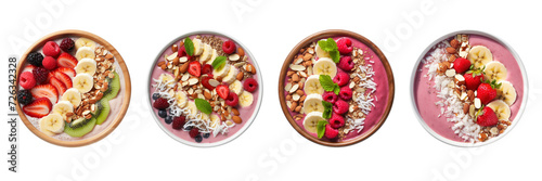 Set of protein-packed smoothie bowls isolated on a transparent background.