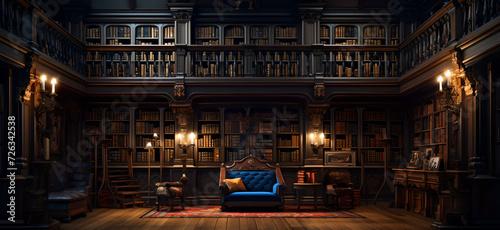  old library with many books, colorful woodcarvings, rich, painterly surfaces , old books,stand the test of time ,sofa, chairs , lightings, wooden floor © YOUCEF