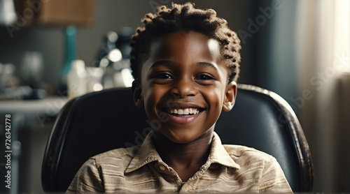 Smiling happy black african kid boy sitting on a dentist chair from Generative AI