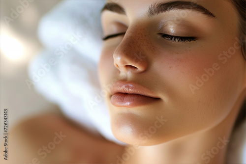 Close up woman s face during dermatology or cosmetic procedure. .Relax  facial spa  skincare and wellness concept. 
