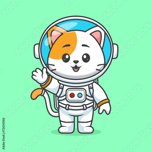 Cute cat astronaut standing and waving hand cartoon vector icon illustration animal science icon concept isolated