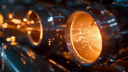 A closeup of a spark plug igniting and sparking inside the exhaust creating a mesmerizing light show.