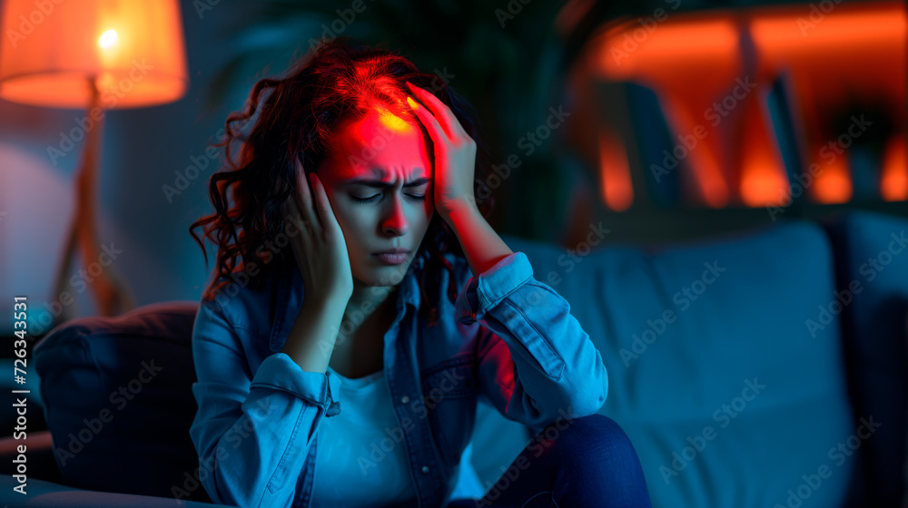 Woman suffering from head ache or chronic migraine at home with red aura highlighting the problem. Woman suffering from head ache or chronic migraine at home with red aura highlighting the problem.