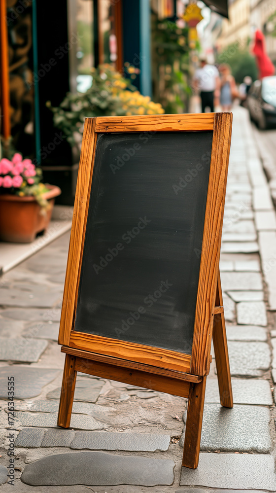 Empty chalkboard with copy space on a street, inviting bistro ambiance. Ideal for menus. shallow field of view.	
