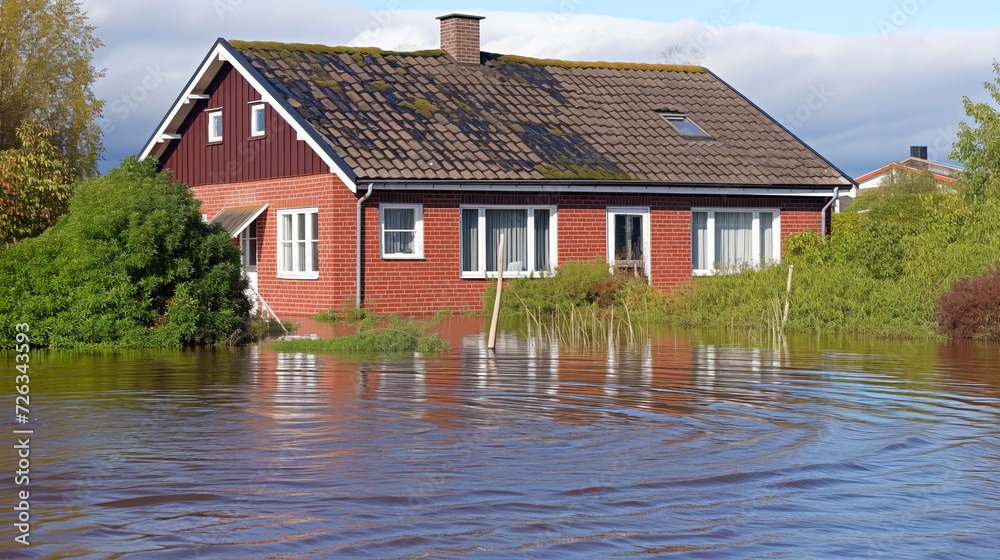 Red house partially submerged in floodwaters with clear sky. Concept of extreme weather and climate change causing floods. Red house partially submerged in floodwaters with clear sky. Concept of extreme weather and climate change causing floods.