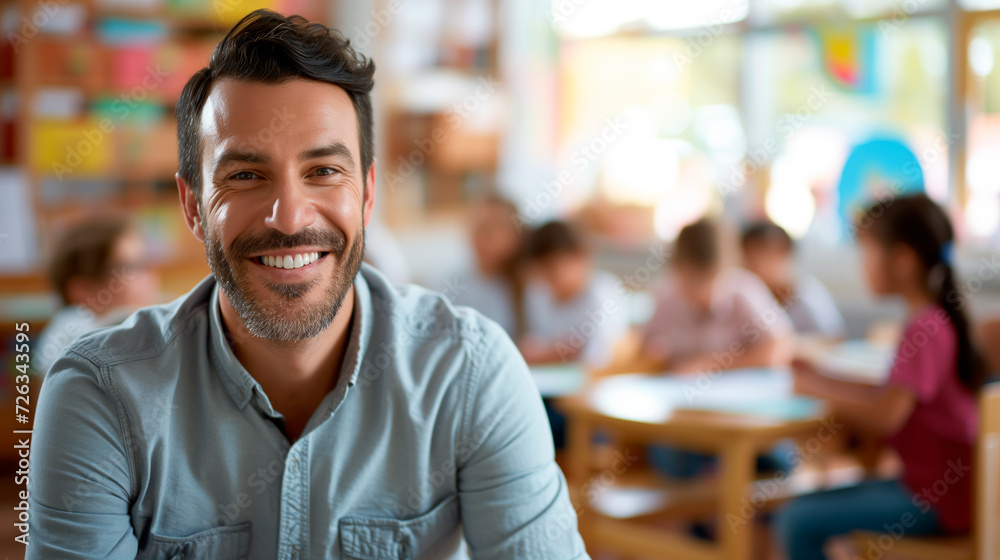 Male teacher in a vibrant classroom, promoting education and positive student development. Male teacher in a vibrant classroom, promoting education and positive student development.