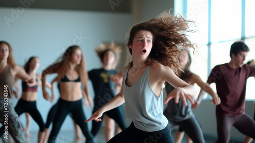Energetic dance class enjoying a latin rhythm workout in a gym. photo