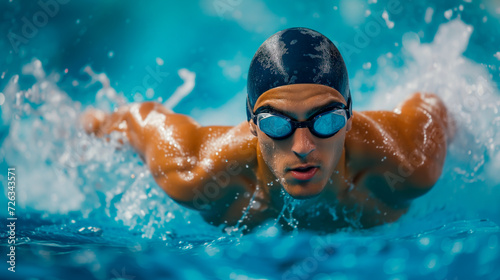 Focused male swimmer mid-butterfly stroke, athletic training in pool, water splash.