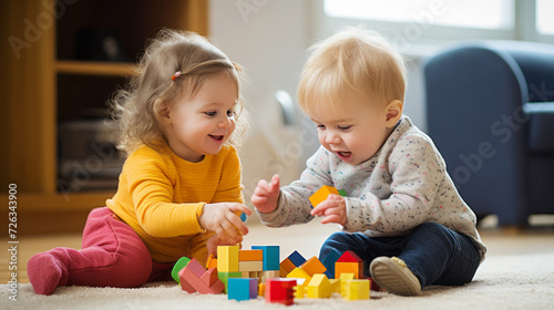 Two happy toddlers playing with colorful building blocks on carpet