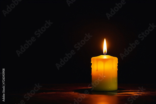Yellow candle burning with streaks of paraffin on dark background