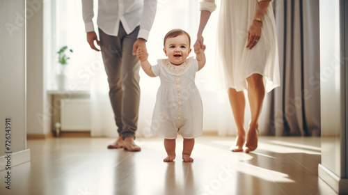 Baby's first steps assisted by parents in sunny home interior photo
