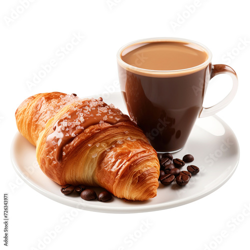 cup of coffee and croissant isolated on transparent background Remove png, Clipping Path, pen tool, white