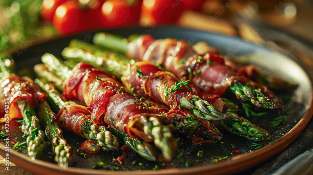 Delicious asparagus in a crispy prosciutto wrapper in a plate on the table, copy space