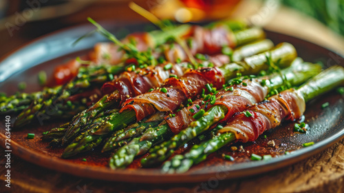 Delicious asparagus in a crispy prosciutto wrapper in a plate on the table, copy space photo