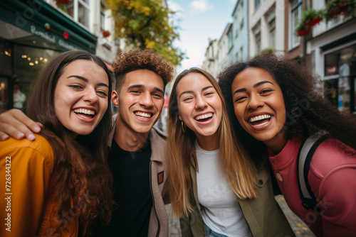 Group of happy multiracial friends enjoying a day downtown