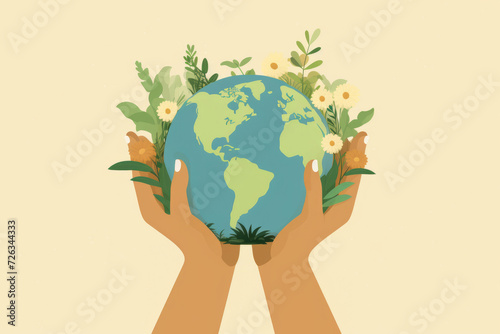 Hands holding a green earth with blossoming flowers concept illustration