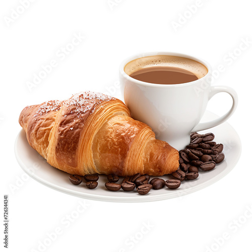 cup of coffee and croissant isolated on transparent background Remove png  Clipping Path  pen tool  white