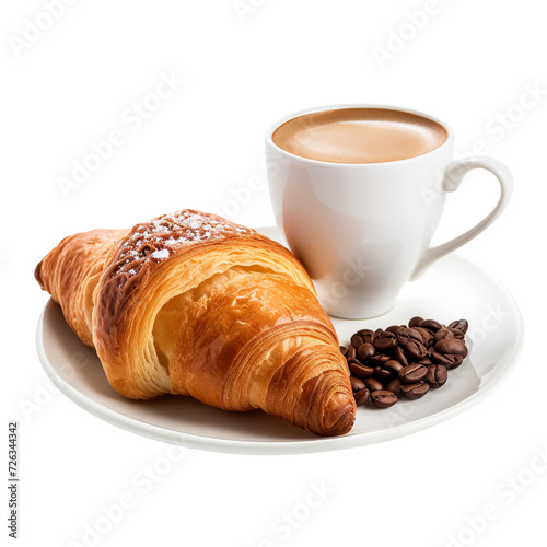 cup of coffee and croissant isolated on transparent background Remove png, Clipping Path, pen tool, white