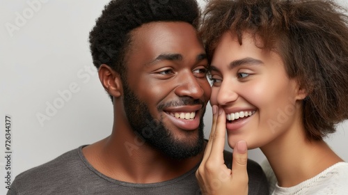 African american young woman laughing closing her mouth with hand next to her man so no one could hear what she is talking about on light neutral grey background