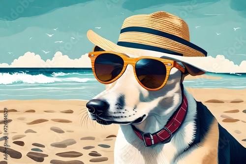 Create an illustration or digital artwork featuring a dog enjoying a day at the beach, showcasing its fashionable hat and sunglasses. © Muhammad