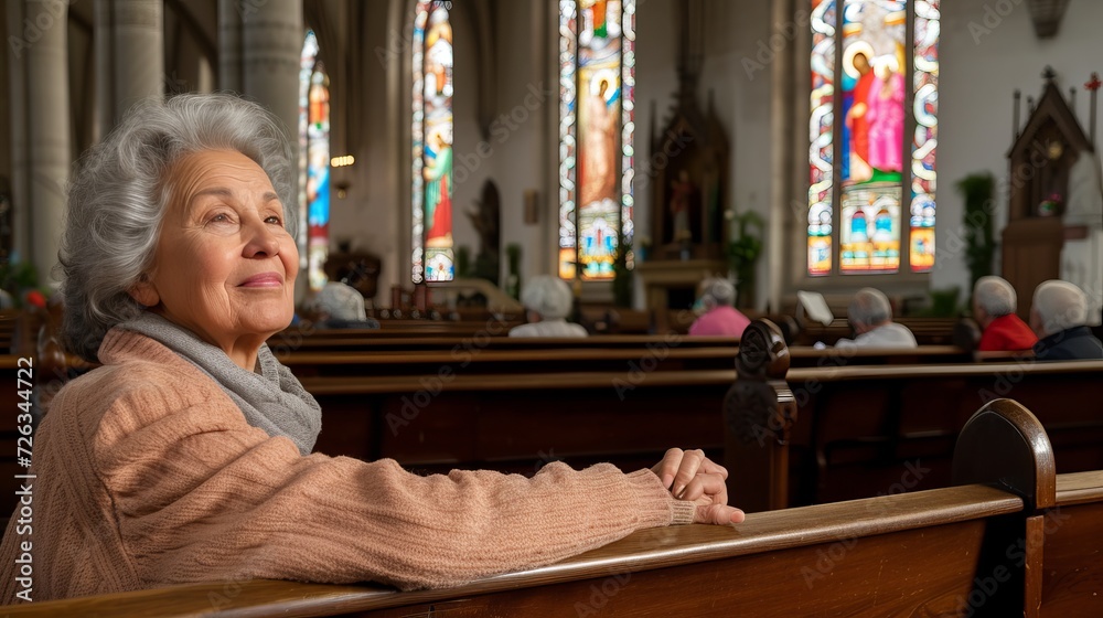 Fototapeta premium Elderly woman praying at catholic church, hands raised towards light with space for text placement