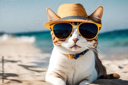 Craft a poem capturing the carefree spirit of a cat wearing a hat and sunglasses while enjoying the sun and sand on a summer vacation. 