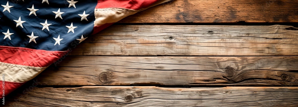 Obraz premium American flag over a wooden table, star and stripes and waves, USA national flag, red white and blue, patriotic, 4th July Independence Day, banner wallpaper background, copy space for text