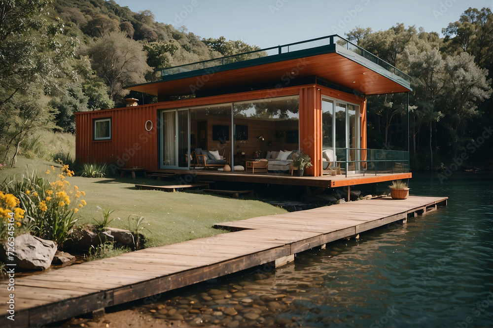 Modern shipping container house home, tiny house near lake in sunny day, eco-friendly living accommodation or holiday home