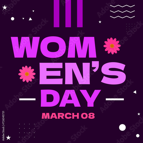 March 8 Womens Day big typography in box style with colorful shapes and text. Women's day modern wallpaper design