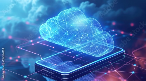 Futuristic technology concept, cloud computing concept. Phone with technological interface and clouds. On dark background.