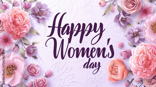 Happy Women's day - calligraphy lettering on background with flowers. Holiday greeting card, poster, banner concept.