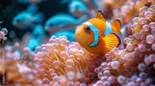 A bright coral fish among sea anemones. Image for covers, backgrounds, wallpapers and other projects about nature and sea animals.