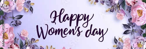 Happy Women's day - calligraphy lettering on background with flowers. Holiday greeting card, poster, banner concept.
