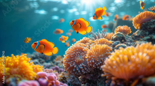 Bright underwater world. Image for covers, backgrounds, wallpapers and other projects about nature and sea animals.