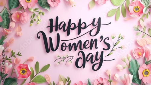 Happy Women's day - calligraphy lettering on background with flowers. Holiday greeting card, poster, banner concept. photo