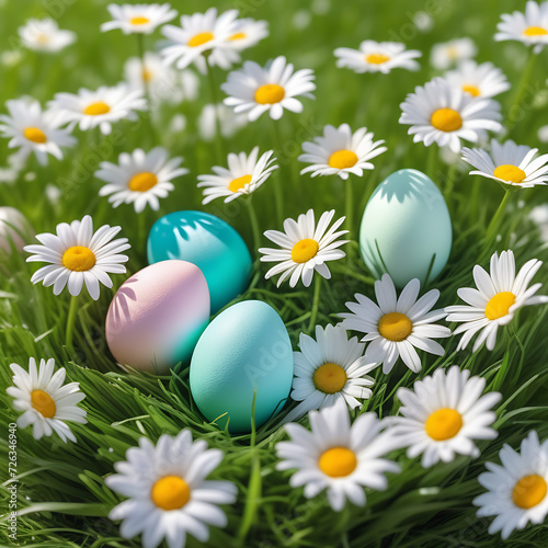 Easter background, eggs in a flower field, Assortment of colorful Easter eggs and blooming flowers to celebrate spring