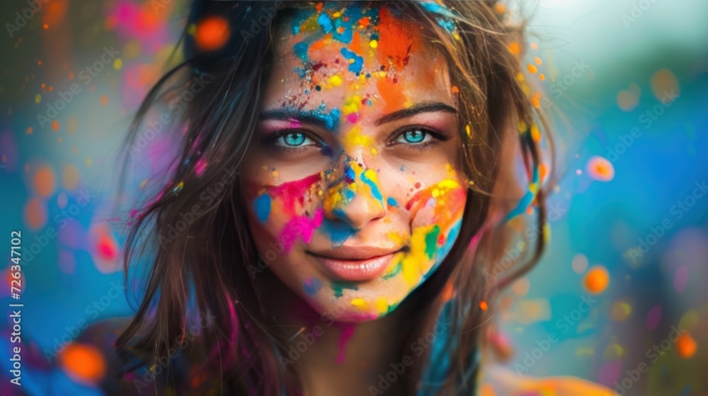 Holi festival . Portrait of a girl in colorful powder explosion. generative AI image