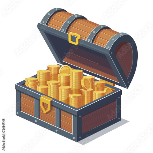 Treasure box with golden coins. Open wooden chest full of golden coins isolated on white background. Design element in 3d style for game of web. Profit, bank deposit or tressury. Vector illustration