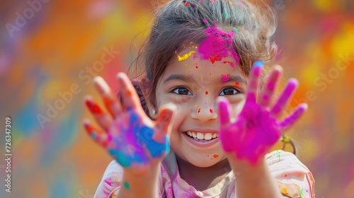 Holi Festival. Portrait Little girl playing with holi powder. generative AI image