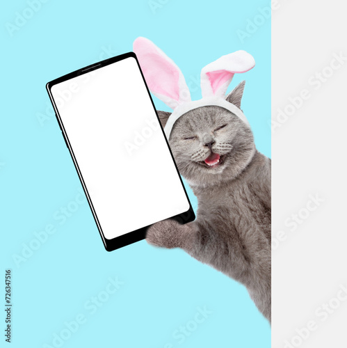 Happy kitten wearing easter rabbits ears holds big smartphone with white blank screen and looks from behind empty white banner. Isolated on blue background