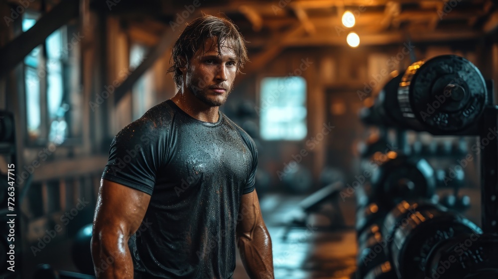 A determined man standing in a dimly lit gym, wearing a black compression shirt and shorts A determined man standing in a dimly lit gym, wearing a black compression shirt and shorts