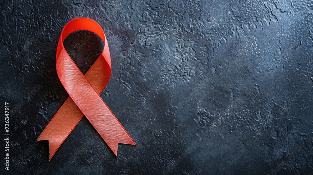 Red ribbon on black background. symbol of AIDS and HIV. Copy space for text. generative AI - obrazy, fototapety, plakaty 