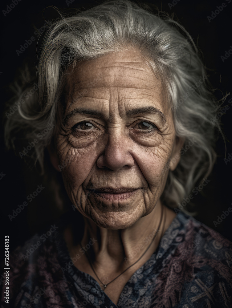 Older woman with white hair and wrinkles.